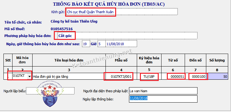 Thông báo kết quả hủy hóa đơn GTGT Thông báo kết quả hủy hóa đơn GTGT