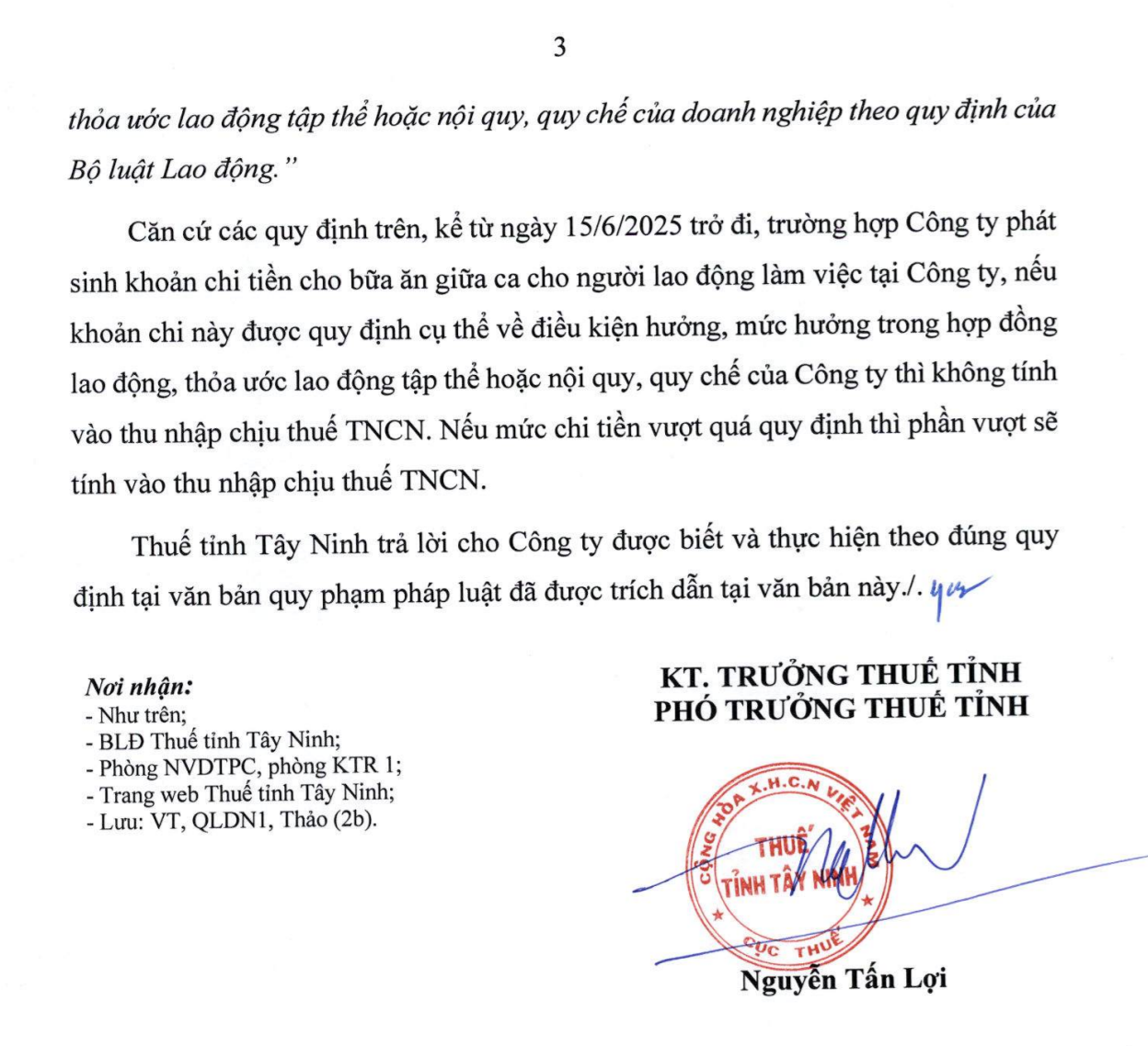 Công văn 805/TNI-QLDN1 về thuế TNCN đối với tiền ăn ca