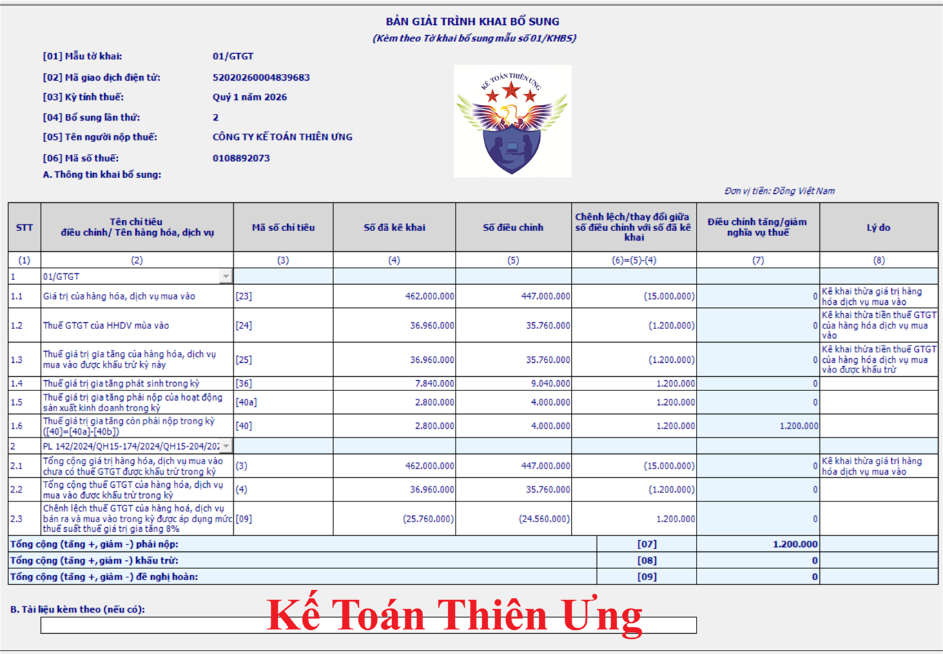 GIẢI TRÌNH KHAI BỔ SUNG