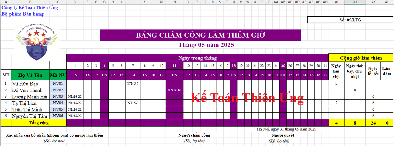 Mẫu bảng chấm công làm thêm giờ trên excel