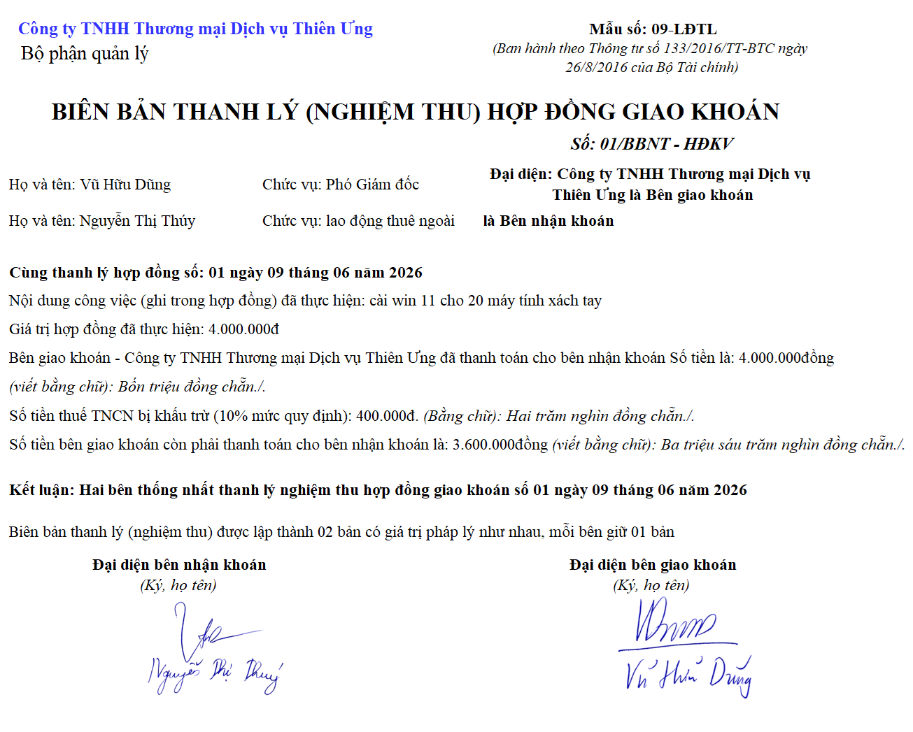 biên bản thanh lý nghiệm thu hợp đồng giao khoán theo Thông tư 133