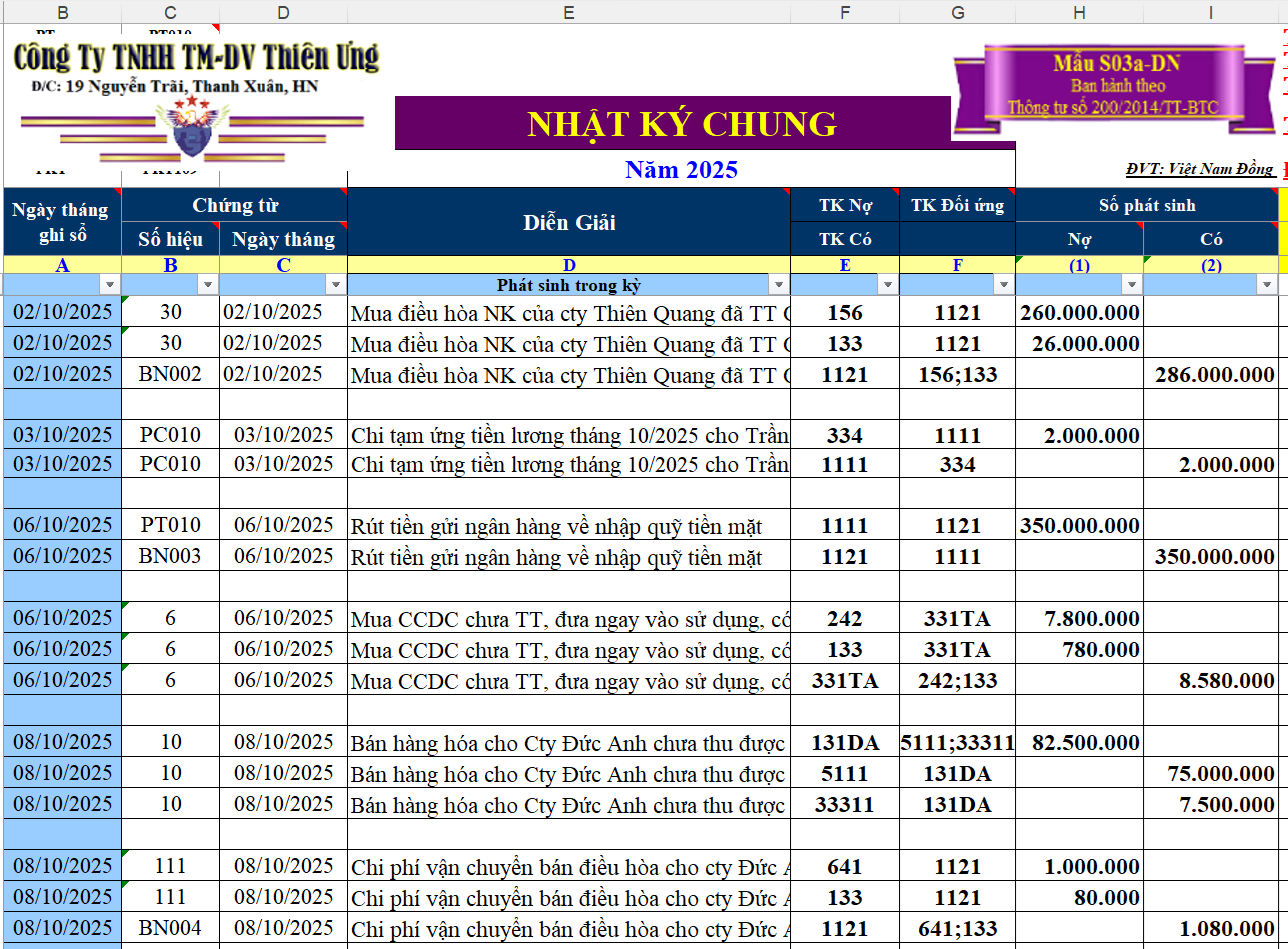 Mẫu sổ Nhật Ký Chung trên Excel