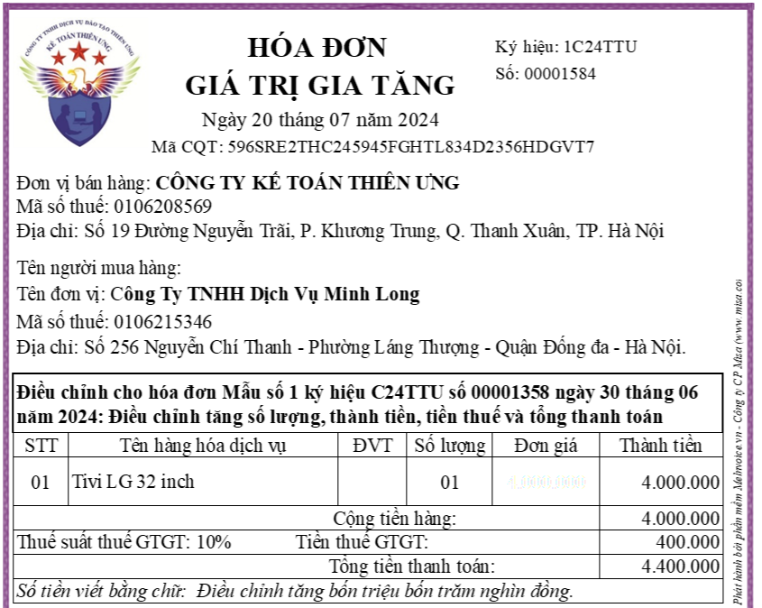 Hóa đơn điều chỉnh tăng doanh thu tiền thuế