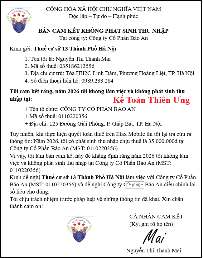 Mẫu cam kết không phát sinh thu nhập
