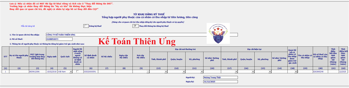 Tờ khai cắt giảm người phụ thuộc