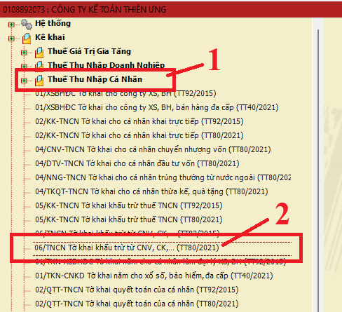 Chọn tờ khai "06/TNCN tờ khai khấu trừ từ CNV, CK... (TT80/2021)"