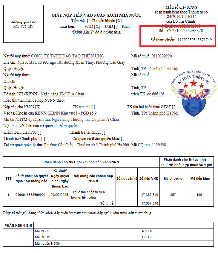 Chứng từ nộp thuế TNCN vào ngân sách nhà nước