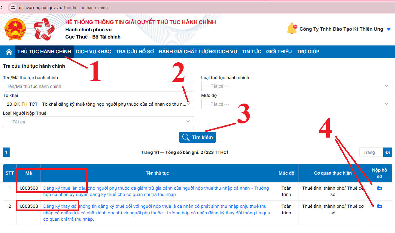 Chọn mã thủ tục hành chính để đăng ký người phụ thuộc