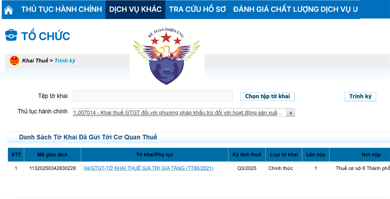 Danh sách tờ khai thuế đã nộp