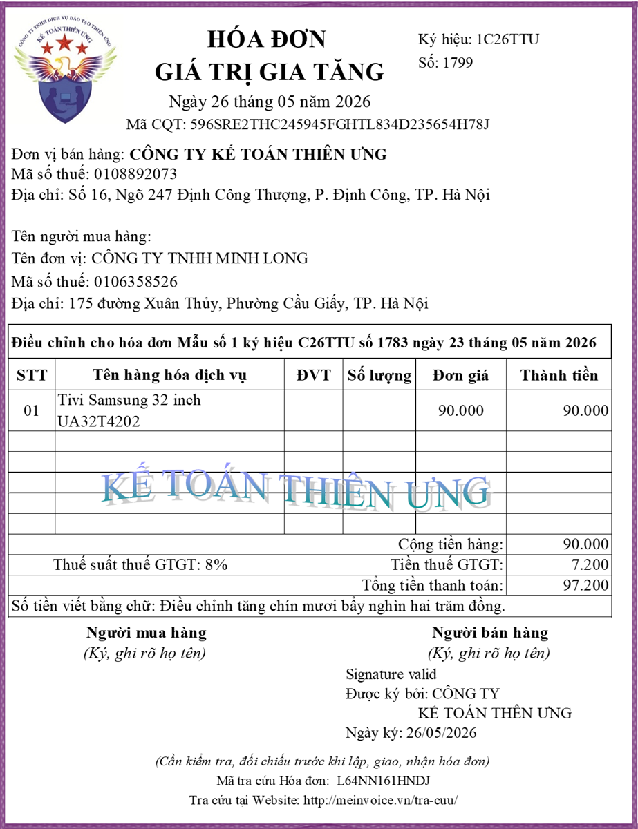 Mẫu hóa đơn điều chỉnh tăng