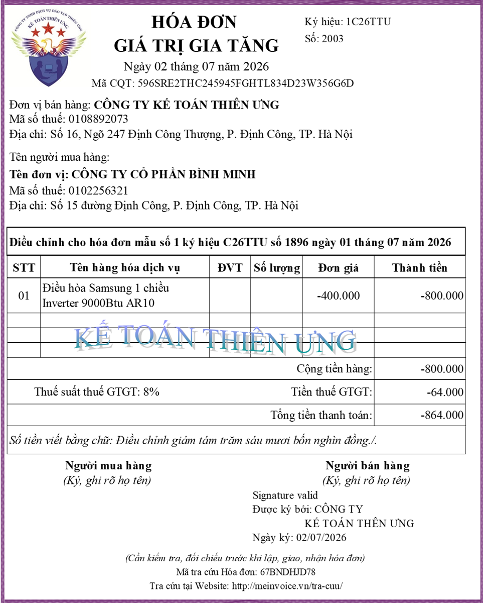 Mẫu hóa đơn điều chỉnh giảm