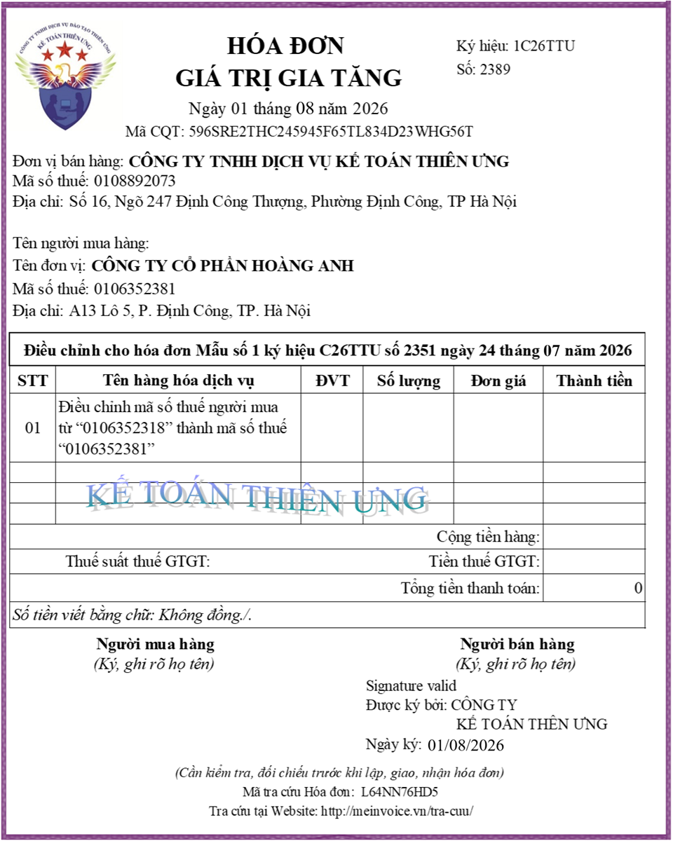 Hóa đơn điều chỉnh mã số thuế