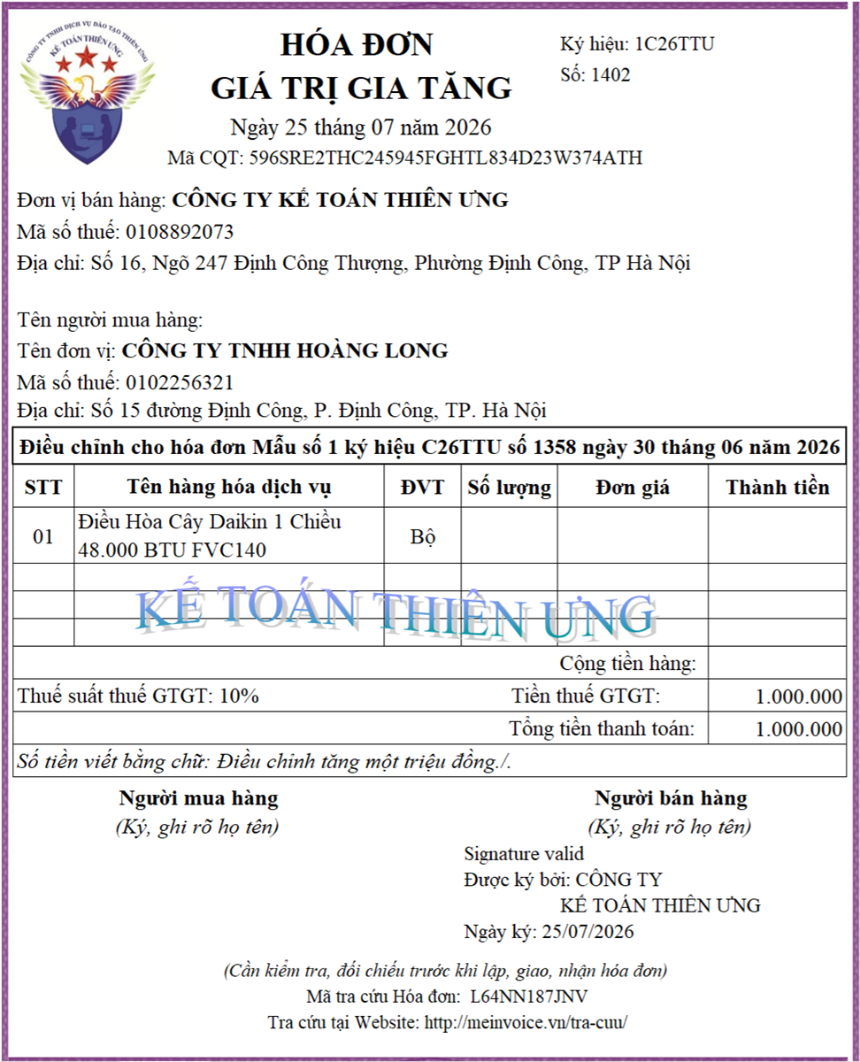 Hóa đơn điều chỉnh tăng doanh thu tiền thuế GTGT