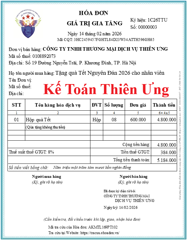 Mẫu hóa đơn xuất quà tặng cho nhân viên