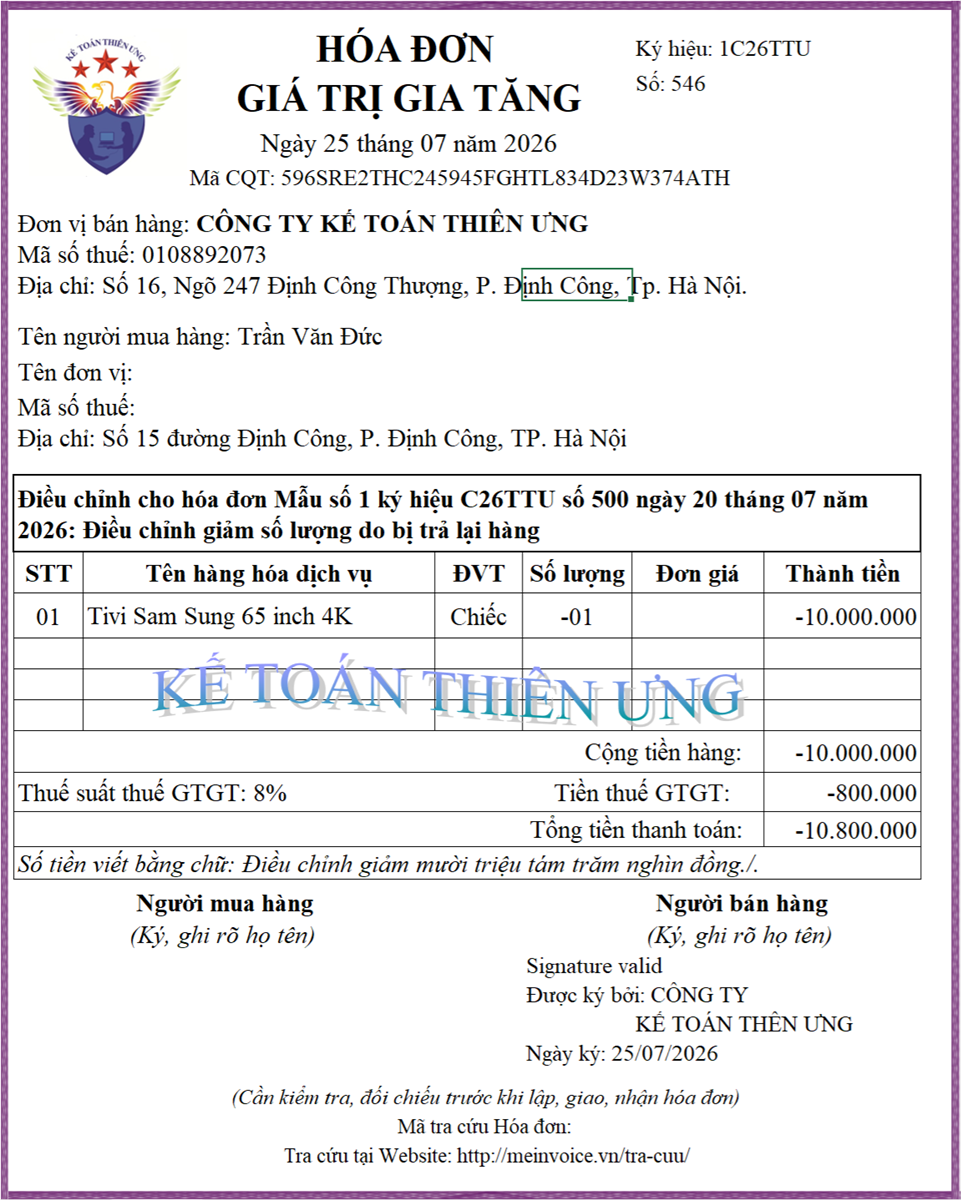 Hóa đơn hàng bán bị trả lại