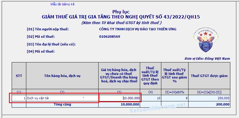 kê khai pl 43 giảm thuế gtgt