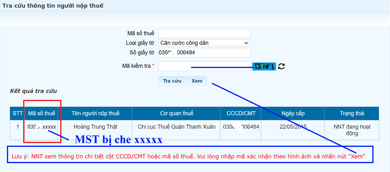 Kết quả tra cứu mã số thuế TNCN