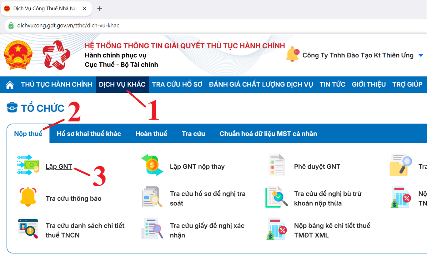 Chọn chức năng lập giấy nộp tiền