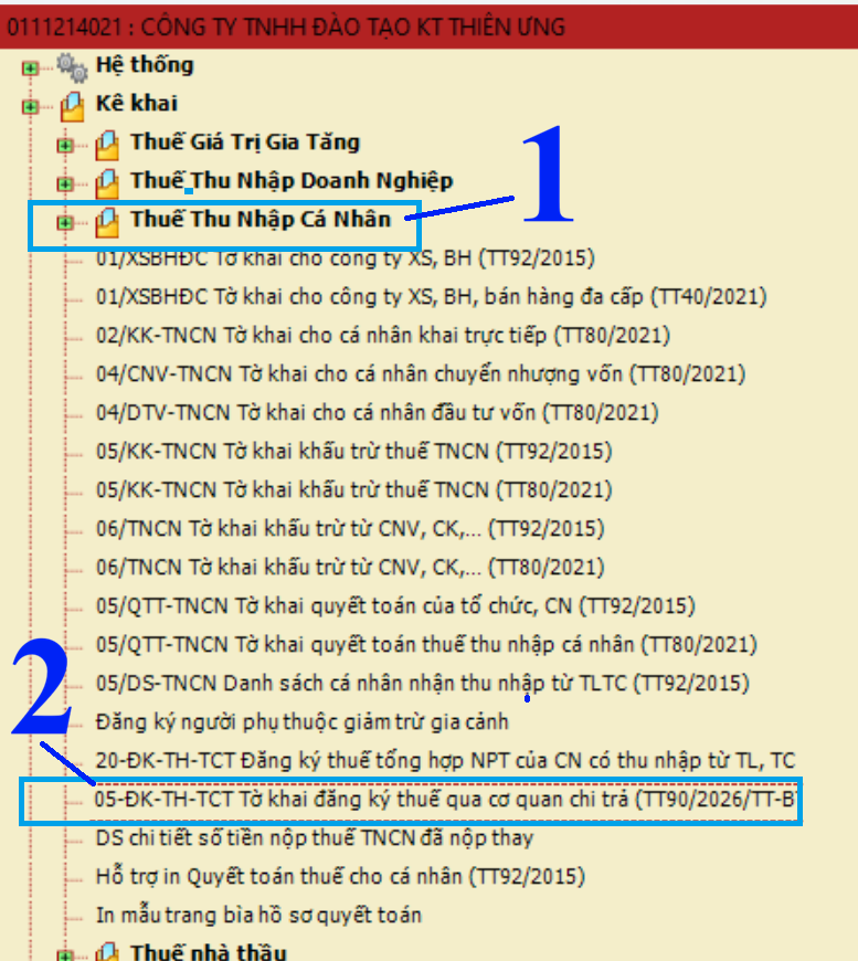Chọn tờ khai đăng ký MST TNCN