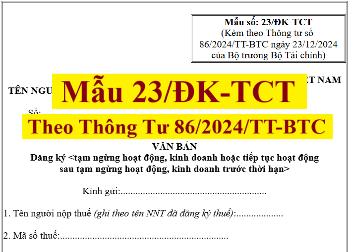 Mẫu 23/ĐK-TCT theo thông tư 86 đăng ký tạm ngừng kinh doanh