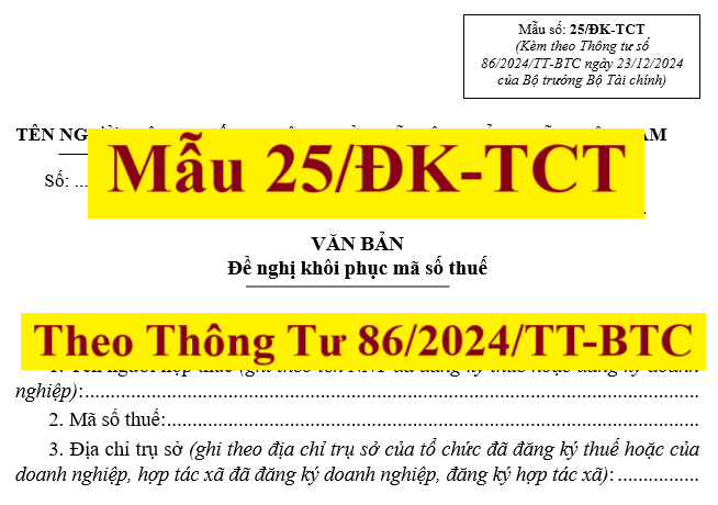 Mẫu 25/ĐK-TCT theo Thông tư 86 Đề nghị khôi phục mã số thuế