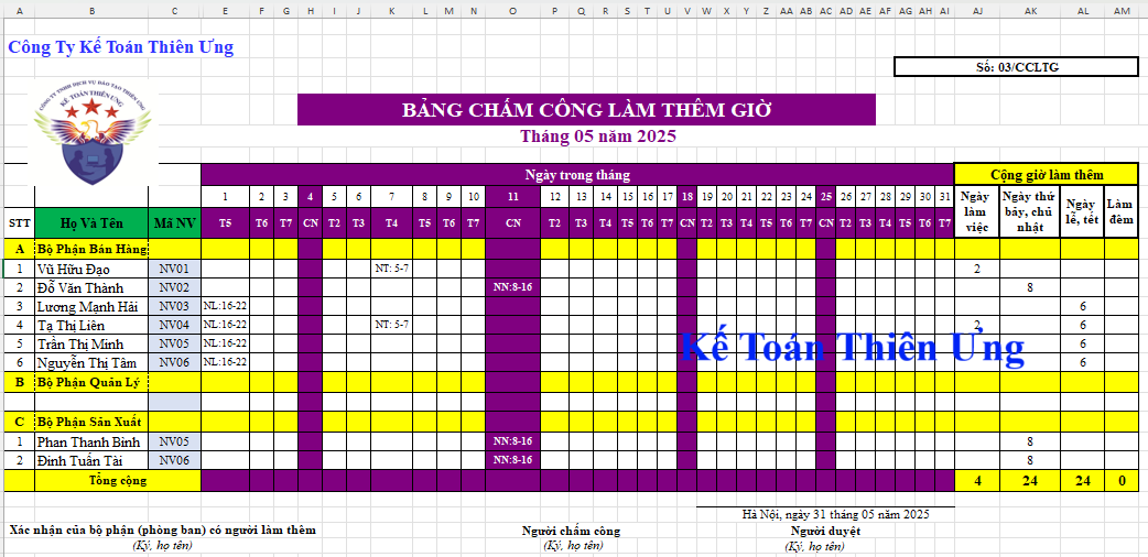 Mẫu bảng chấm công làm thêm giờ trên excel