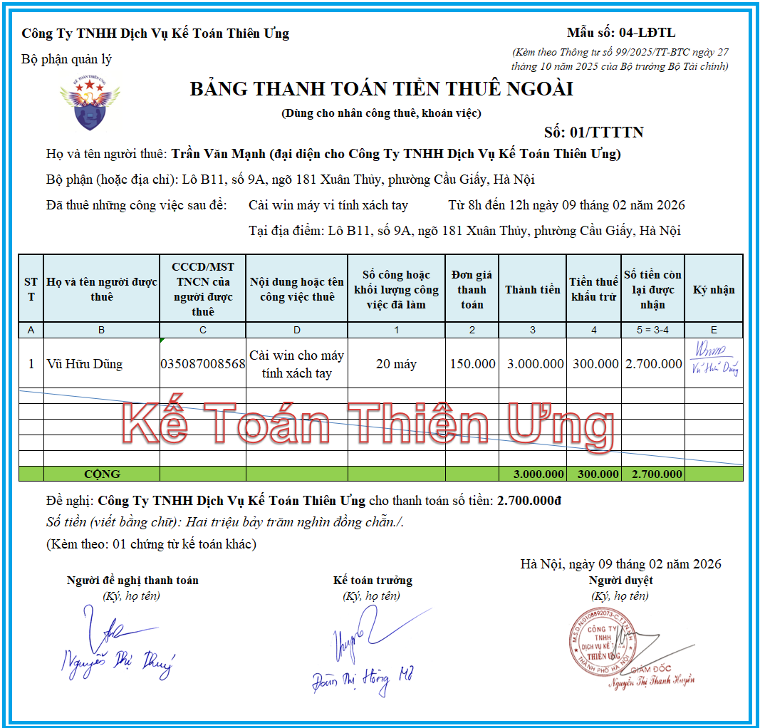 Mẫu bảng thanh toán tiền thuê ngoài theo Thông tư 99