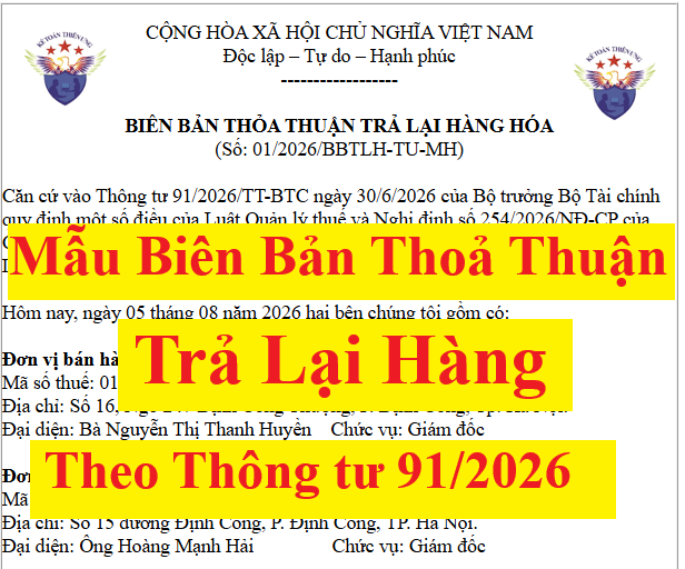 Mẫu biên bản trả lại hàng