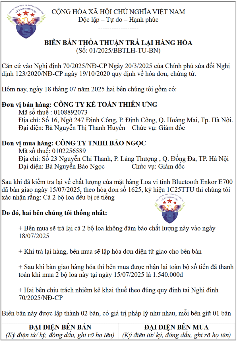 Mẫu biên bản trả lại hàng