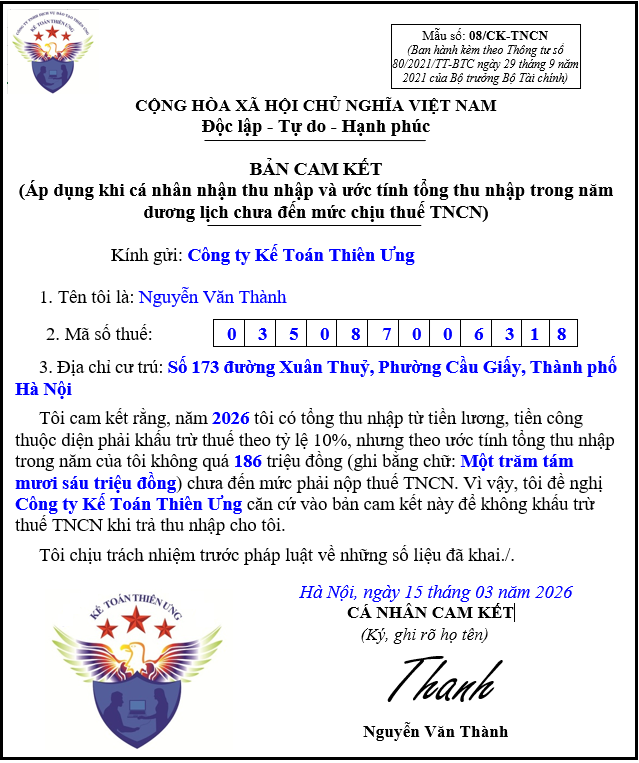 Mẫu cam kết thuế TNCN mẫu 08/CK-TNCN 2026