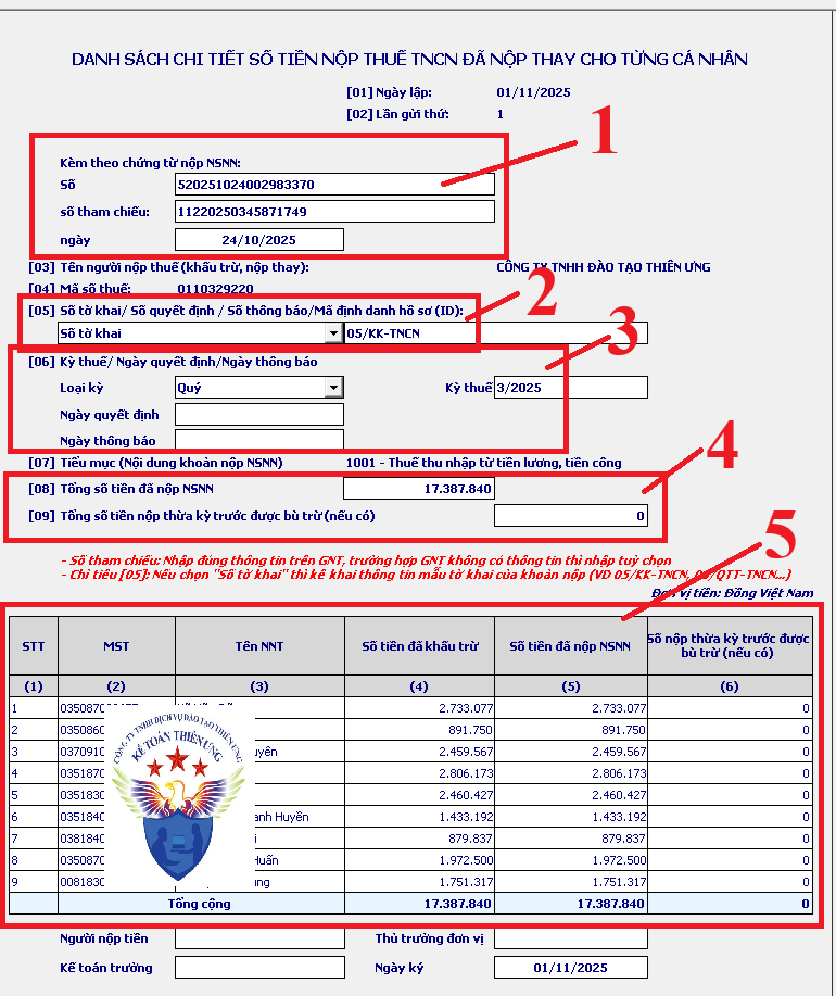 Mẫu danh sách chi tiết số tiền thuế TNCN đã nộp thay cho từng cá nhân