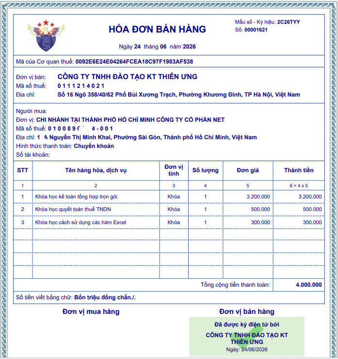 Mẫu hóa đơn bán hàng điện tử có mã của cơ quan thuế