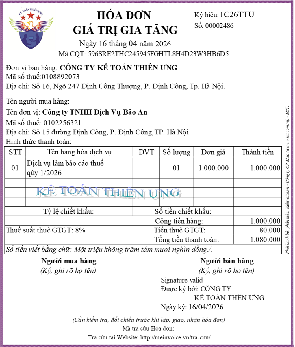 Mẫu hóa đơn giảm thuế GTGT 8% năm 2026