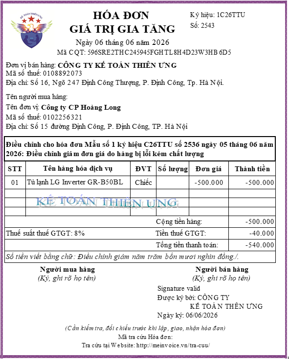 Mẫu hóa đơn giảm giá hàng bán theo Nghị định 70