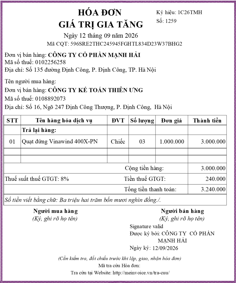 Mẫu hóa đơn người mau xuất khi trả lại hàng