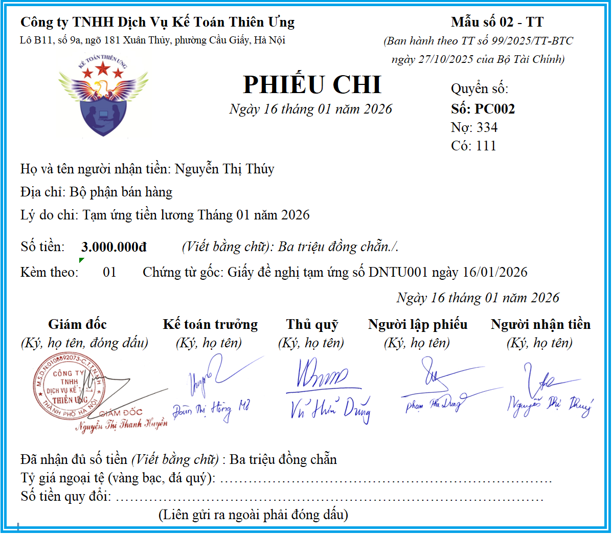 Mẫu phiếu chi theo thông tư 99