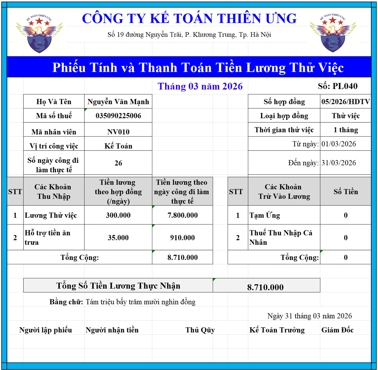 Mẫu phiếu lương cho nhân viên thử việc