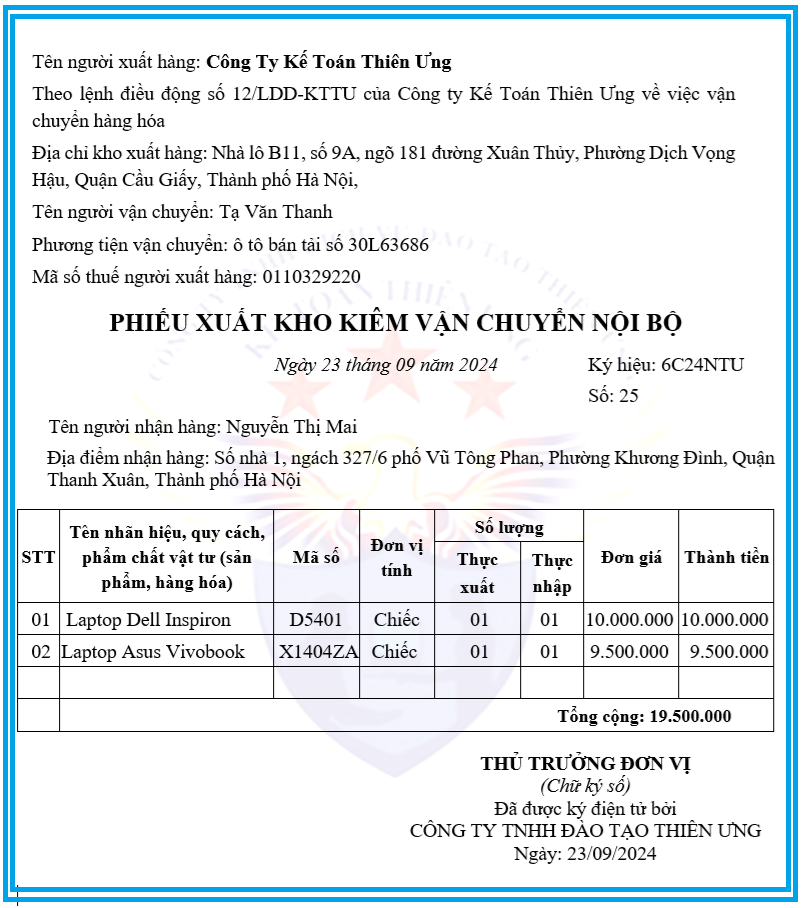 Mẫu phiếu xuất kho kiêm vận chuyển nội bộ điện tử