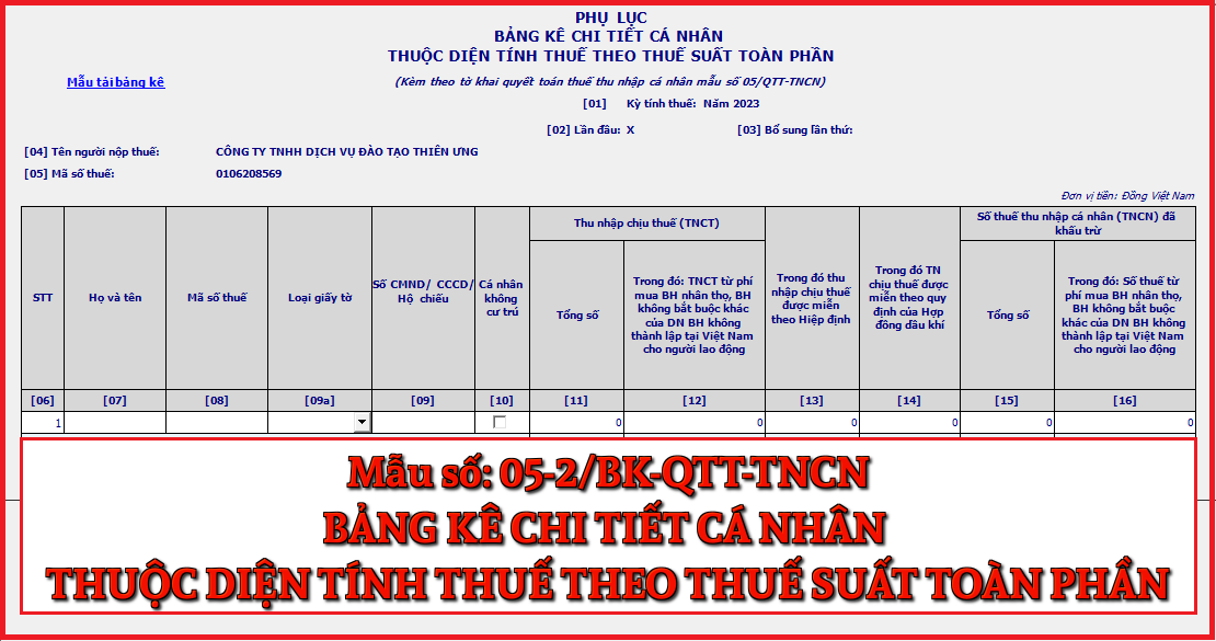 Mẫu số 05-2/BK-QTT-TNCN bảng kê chi tiết cá nhân thuộc diện tính thuế theo thuế suất toàn phần