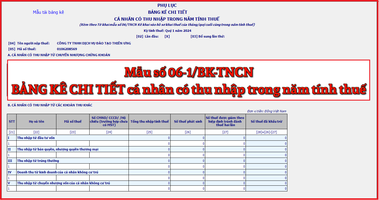 Mẫu số 06-1/BK-TNCN Bảng kê chi tiết cá nhân có thu nhập trong năm tính thuế theo TT 80/2021