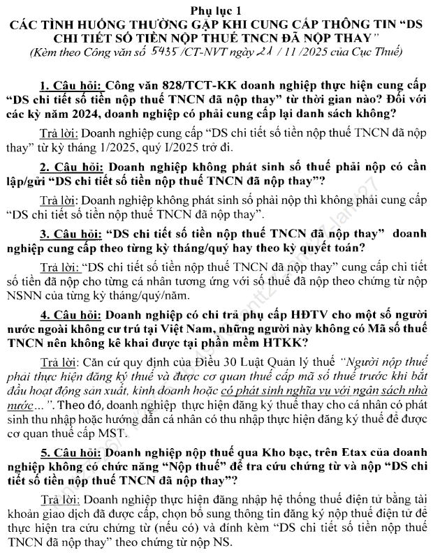 Danh sách chi tiết số tiền thuế TNCN