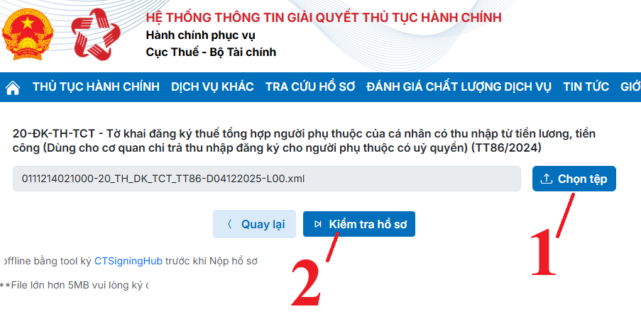 Tải tờ khai XML lên hệ thống