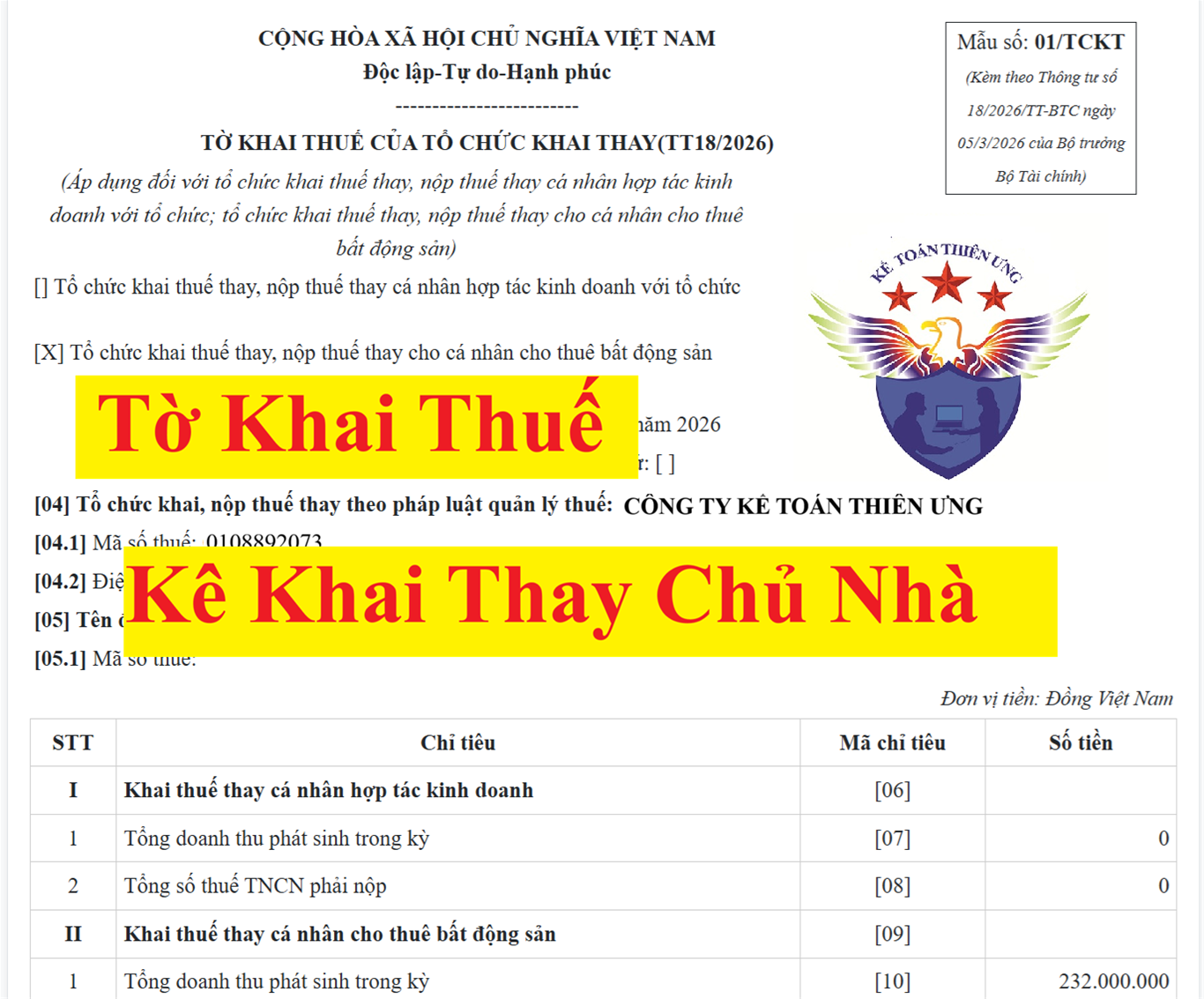 Mẫu tờ khai doanh nghiệp kê khai thuế thay cho chủ nhà