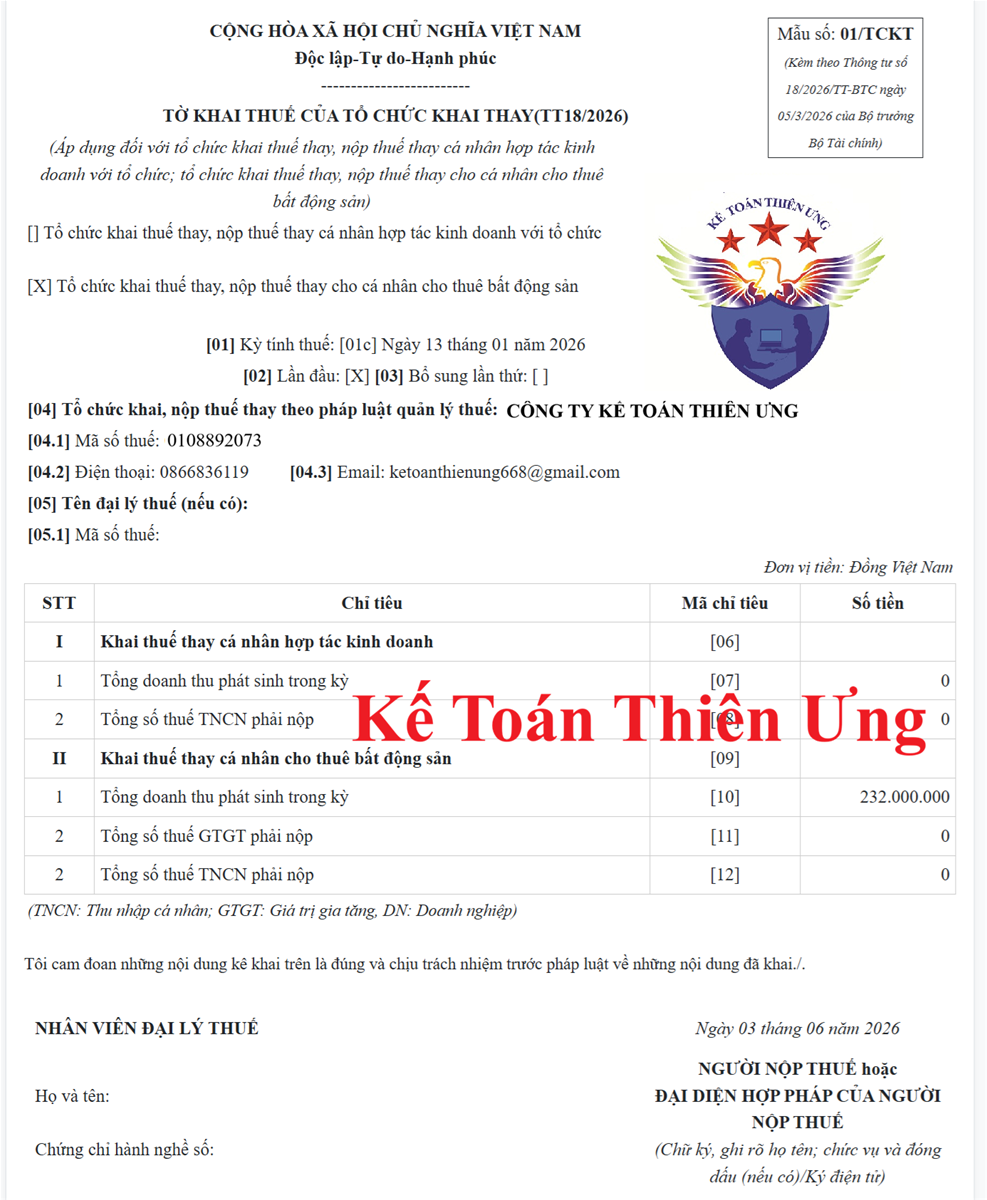 Mẫu tờ khai thuế kê khai thay cho chủ nhà