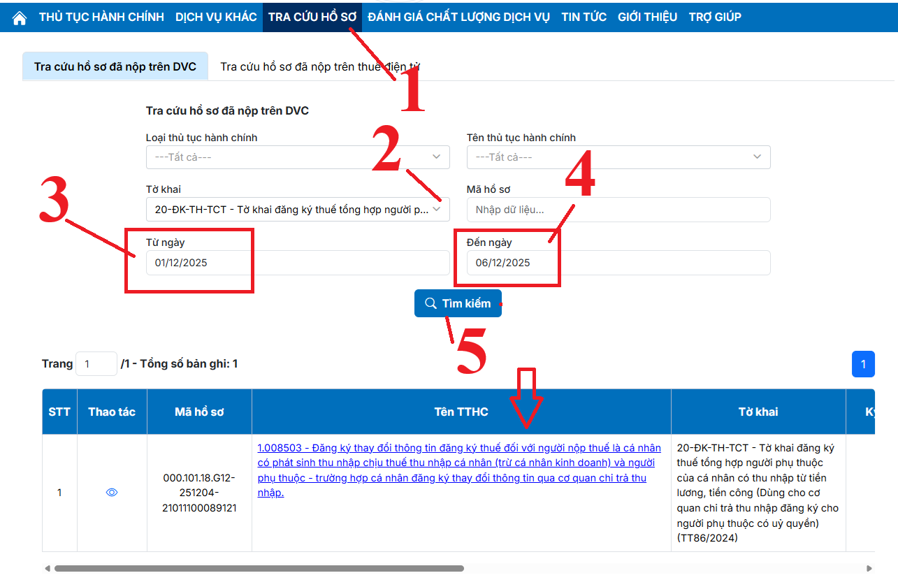 tra cứu chi tiết kết quả đăng ký thuế