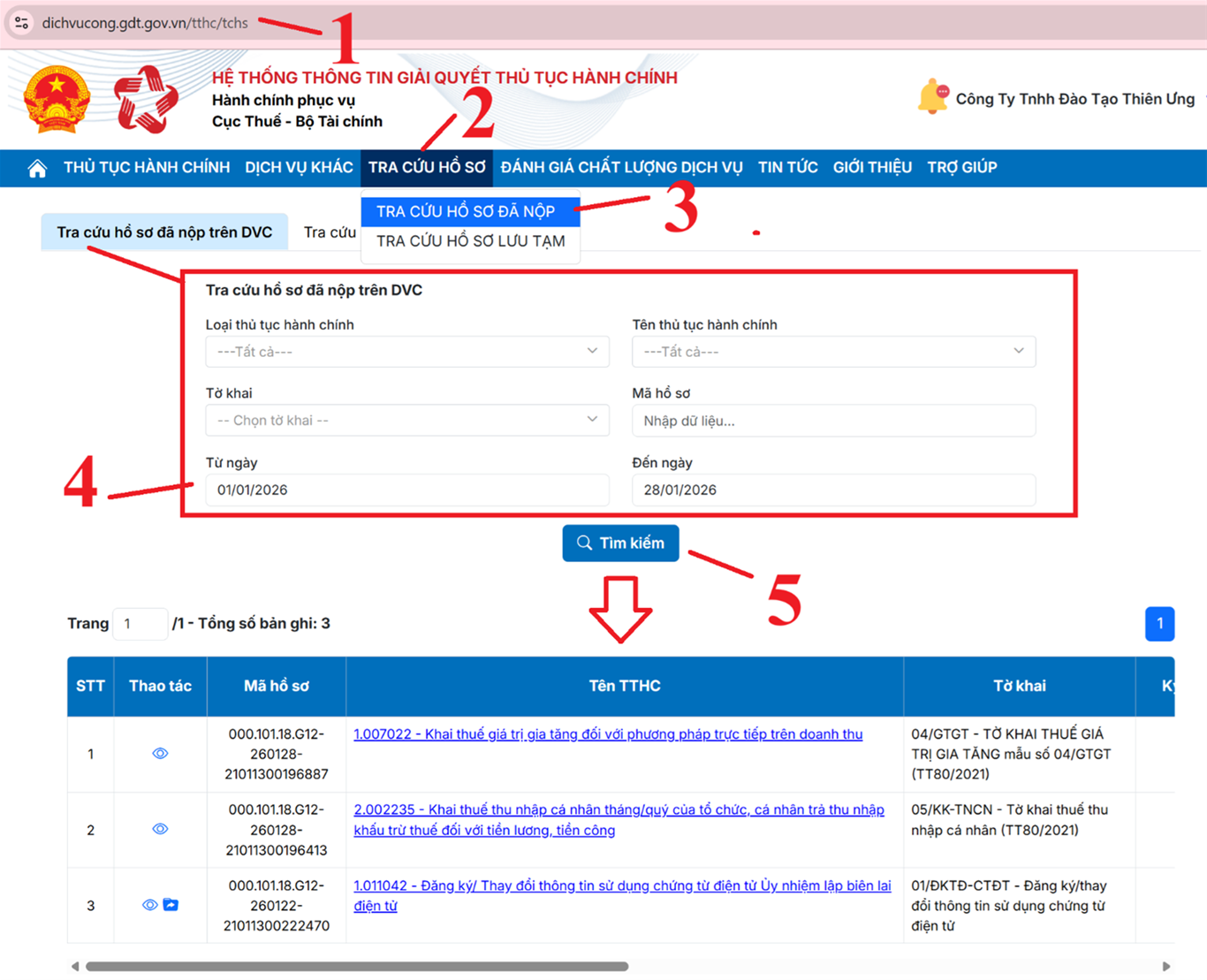 Tra cứu tờ khai đã nộp trên Dịch Vụ Công