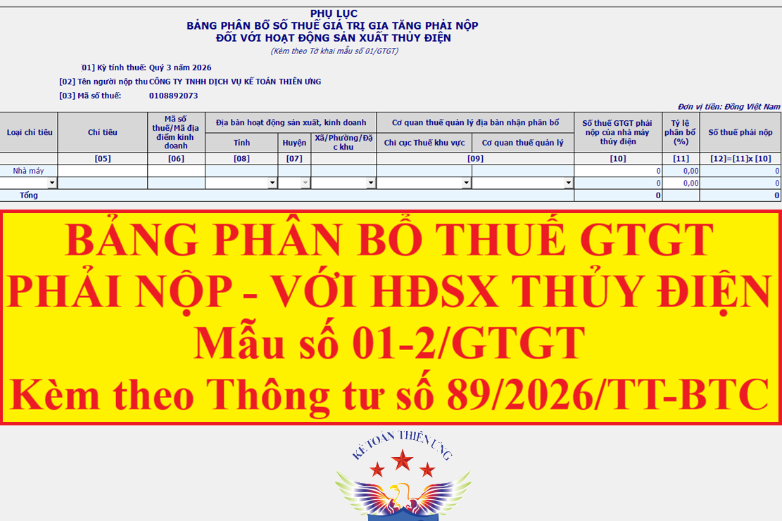 Mẫu số 01-2/GTGT Bảng phân bổ số thuế GTGT phải nộp đối với hđsx thủy điện theo TT 89/2026