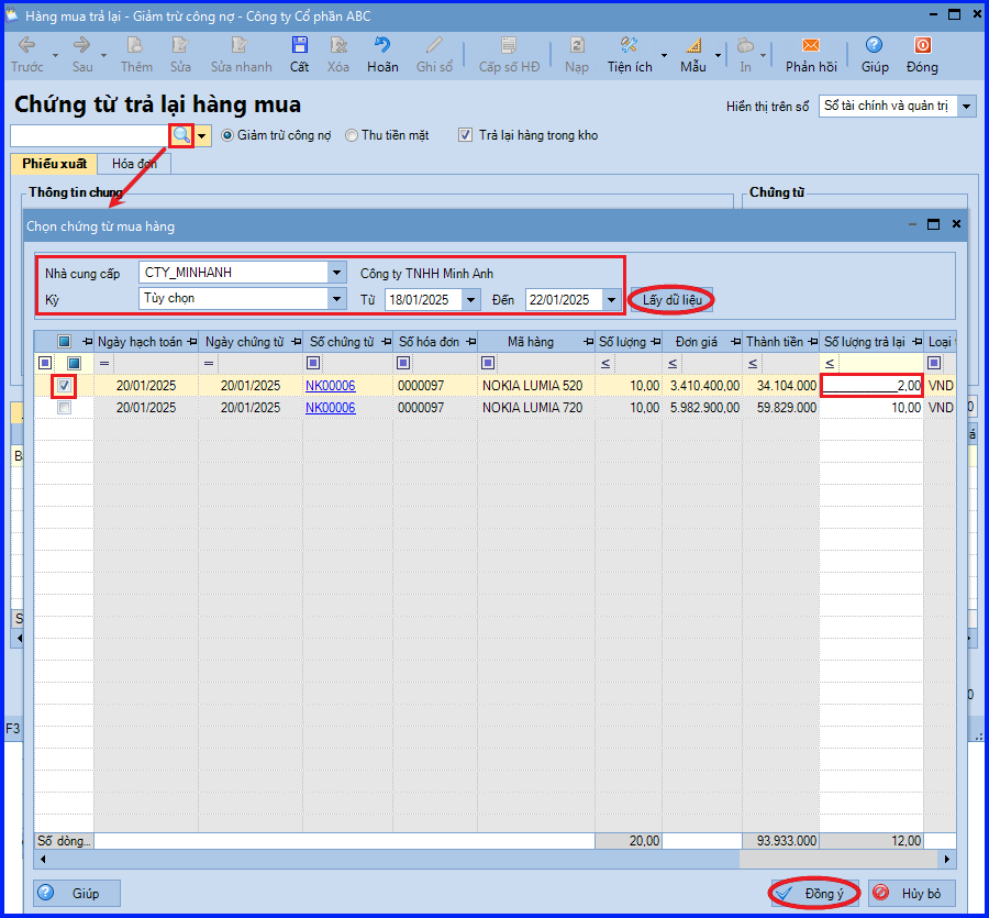Cách hạch toán xuất trả lại hàng đã mua trên Misa 3