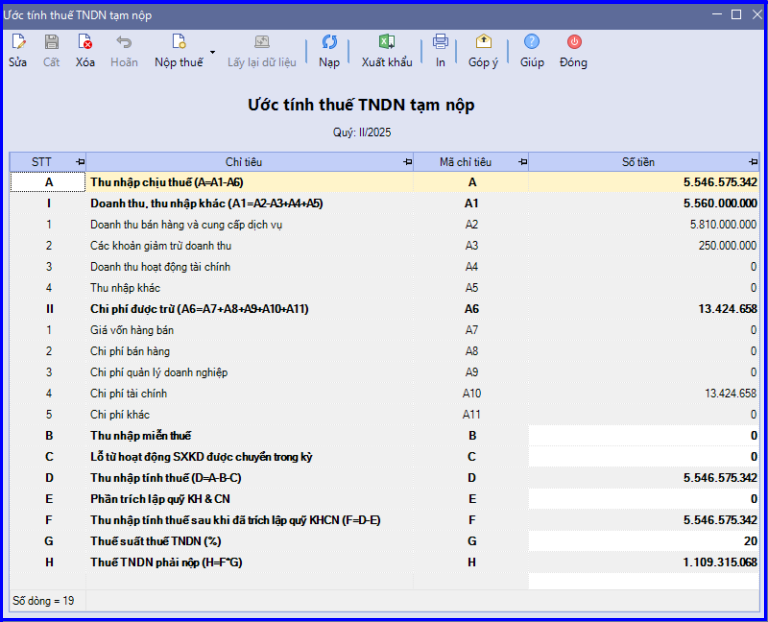 Cách tạm tính thuế TNDN phải nộp quý trên Misa 2