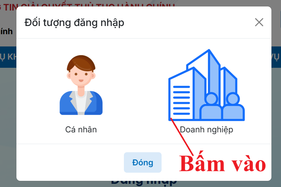 Lựa chọn đối tượng để đăng nhập vào hệ thống Dịch vụ công
